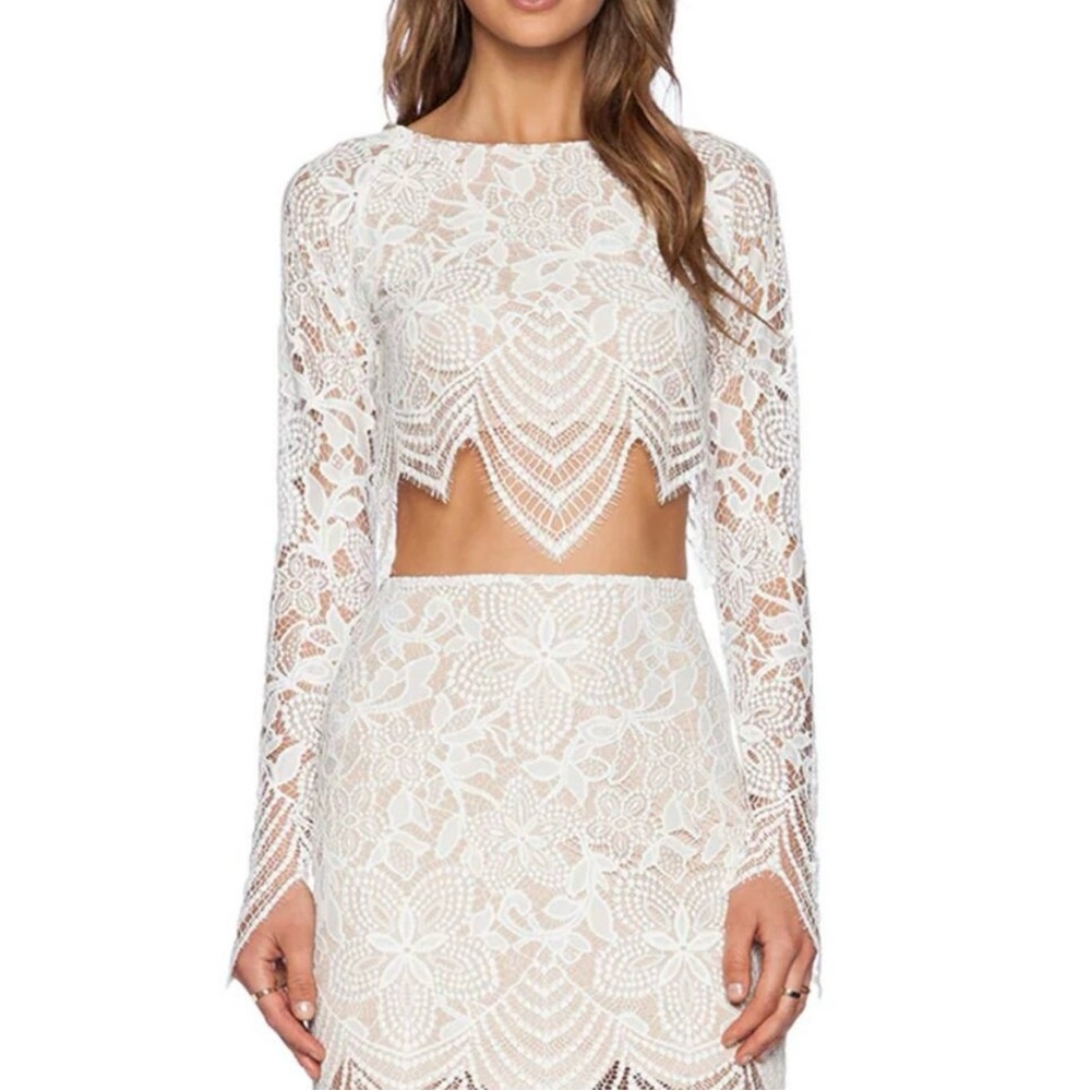 For Love & Lemons White Lace Long Sleeve Crop Top